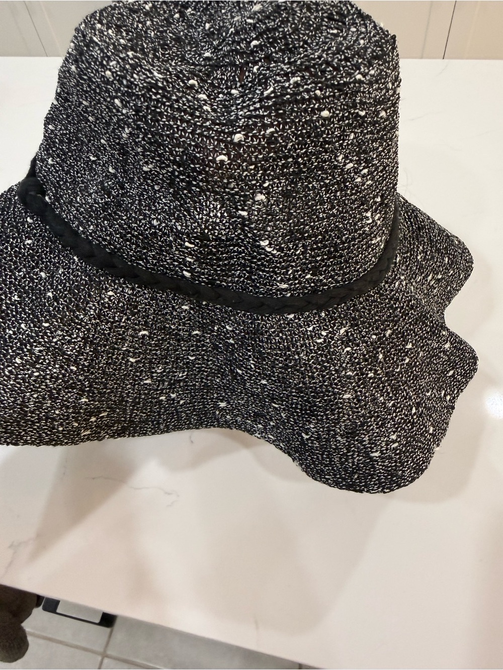 Black & White Tweed Fluffy Sun Hat Braided Trim One Size